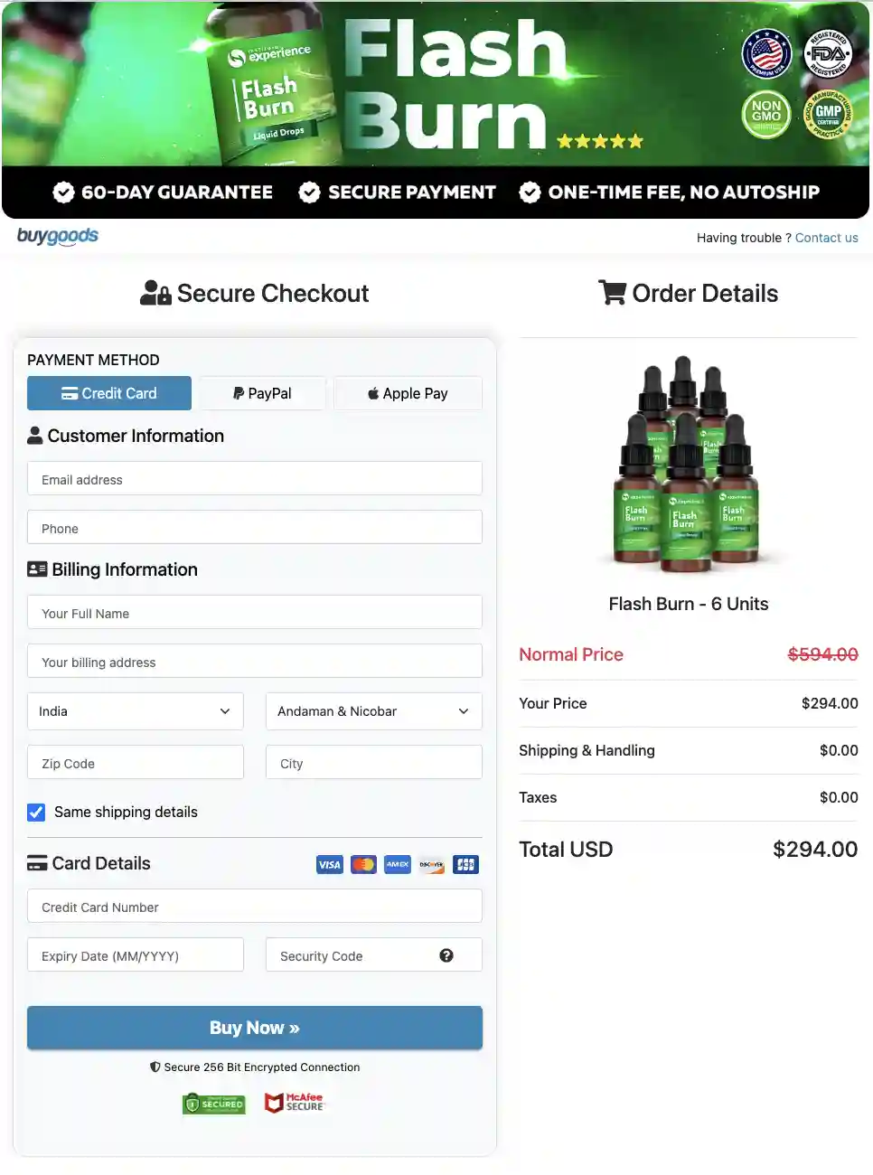 Flash Burn secure checkout order page